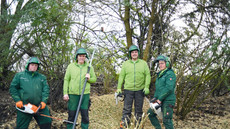 Tobias Rottmann (zweiter von rechts) und sein Gartenbau-Trupp stehen in grünen Arbeitsjacken und mit Motorsägen in der Hand mitten im Gestrüpp und schauen in die Kamera.