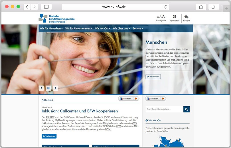Screenshot der Website des Bundesverbandes des Deutschen Berufsförderungswerke