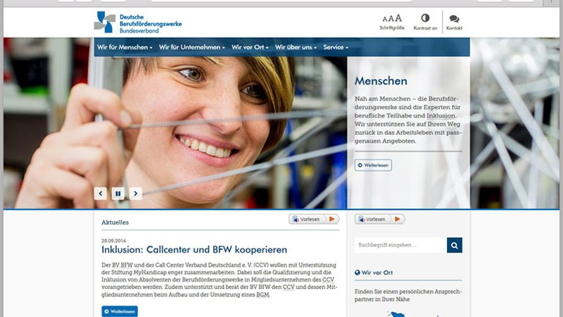 Screenshot der Website des Bundesverbandes des Deutschen Berufsförderungswerke