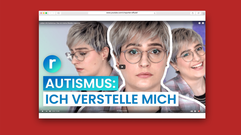 Rot hinterlegtes Bildschirmfoto des Video-Players auf YouTube: Die Autistin Lisa ist drei Mal mit verschiedenen Gesichtsausdrücken zu sehen, darunter steht „Autismus: Ich verstelle mich“