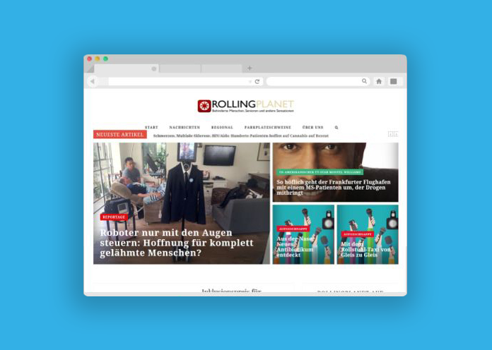 Blau hinterlegter Screenshot der Startseite von rollingplanet.net