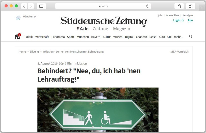 Screenshot der Reportage zum Thema Inklusion und Bildung auf sueddeutsche.de