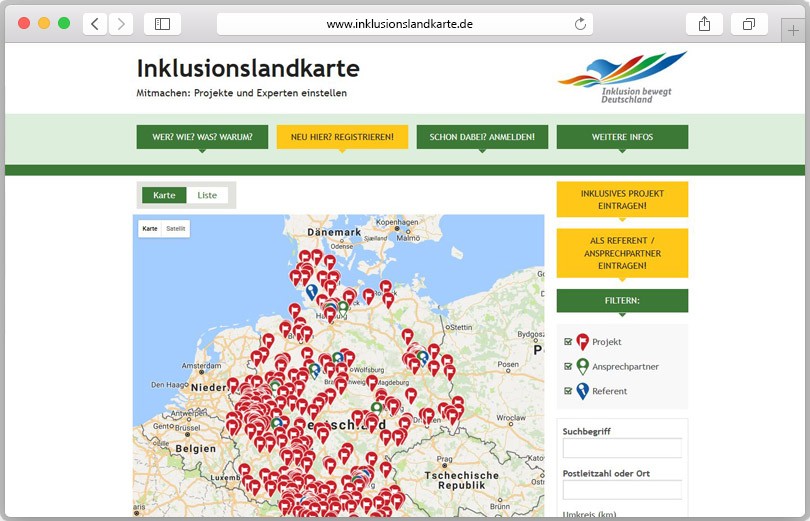Die digitale Inklusionslandkarte zeigt mit Pins alle Inklusionsprojekte deutschlandweit.