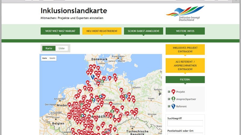 Die digitale Inklusionslandkarte zeigt mit Pins alle Inklusionsprojekte deutschlandweit.