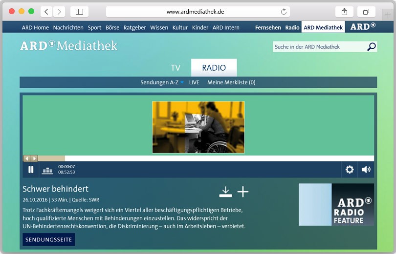 Screenshot des Radiofeatures in der ARD-Mediathek