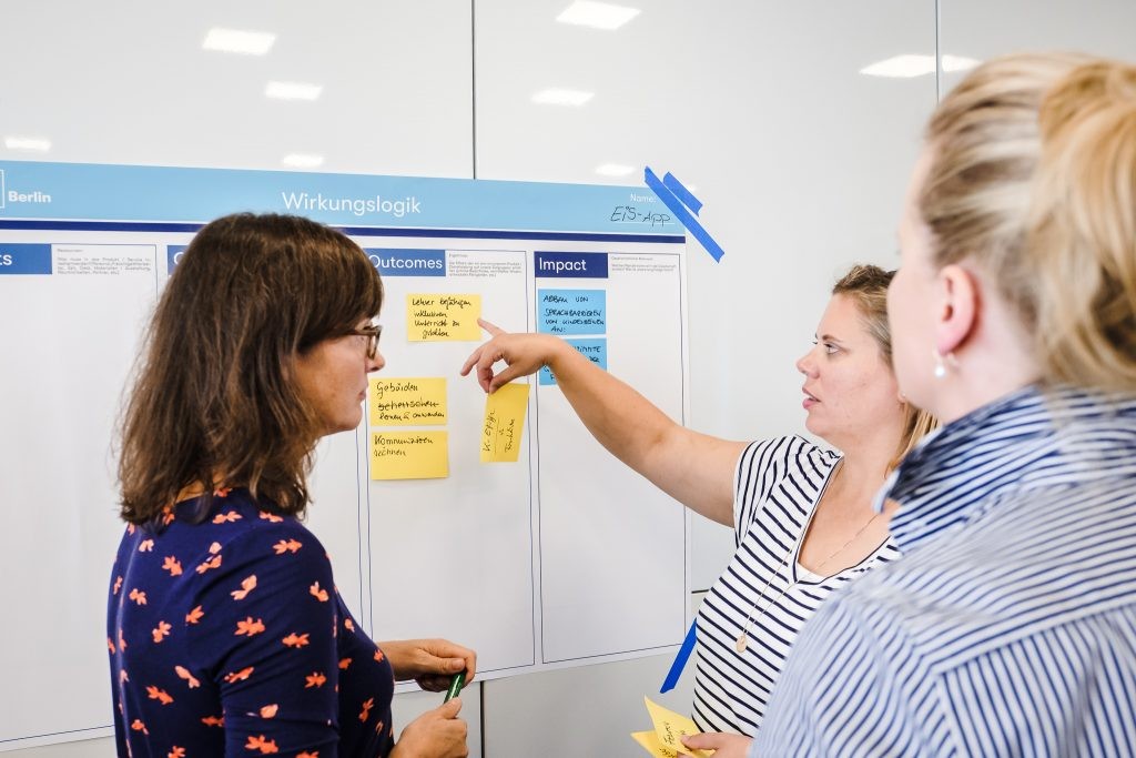 Drei Frauen besprechen an einem Flipchart die Ideen für ihr Projekt.