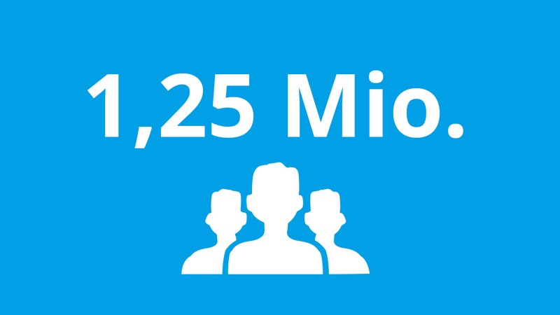 Die Zahl 1,25 Mio. und scherenschnittartige Köpfe von Menschen in weiß auf blauem Untergrund.