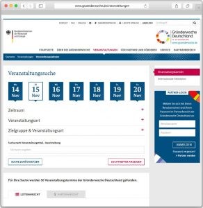 Screenshot des Veranstaltungskalenders der Gründerwoche.