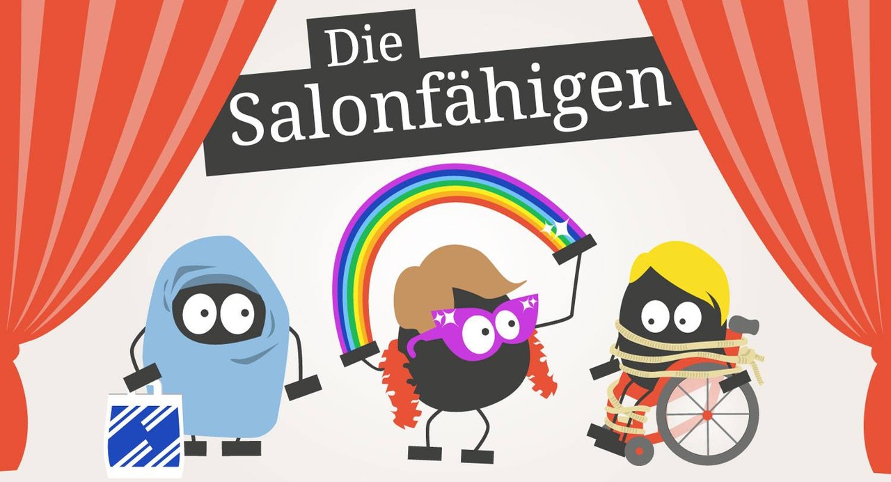 Grafik mit Schriftzug "Die Salohnfähigen", darunter drei Männchen mit Kopftuch, mit Regenbogen und mit Rollstuhl auf einer Bühne.