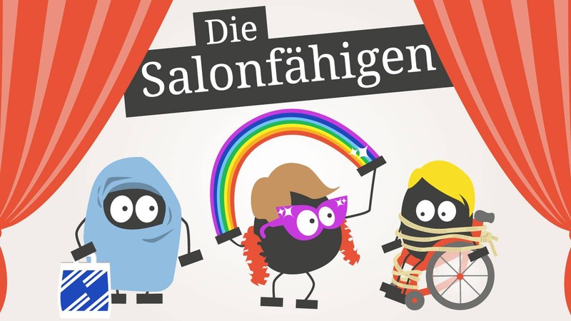 Grafik mit Schriftzug "Die Salohnfähigen", darunter drei Männchen mit Kopftuch, mit Regenbogen und mit Rollstuhl auf einer Bühne.