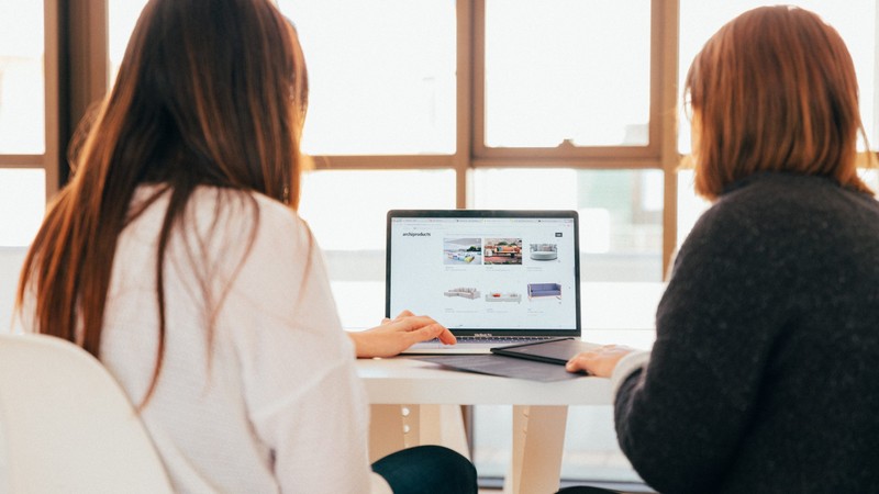 Zwei Frauen sitzen in einem hellen Raum an einem Schreibtisch und schauen gemeinsam auf einen Laptop, auf dem eine Website aufgerufen ist. Beide sind nur von hinten zu sehen, dazwischen der Laptop..