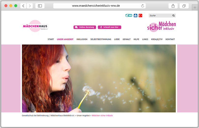 Screenshot des Portals "Mädchen sicher inklusiv"