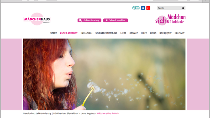 Screenshot des Portals "Mädchen sicher inklusiv"